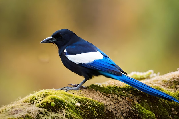 Um pássaro preto e azul senta-se em um tronco coberto de musgo.