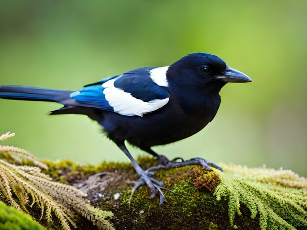 Um pássaro preto e branco senta-se em um galho coberto de musgo.