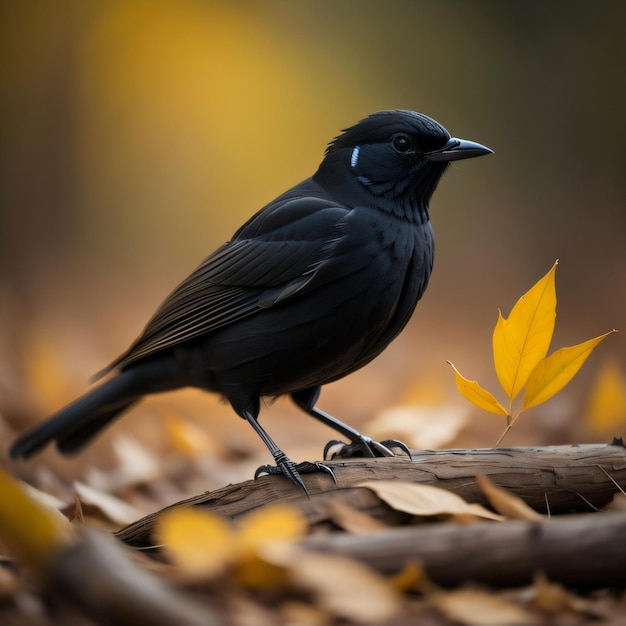 Um pássaro preto está parado em um galho com folhas ao fundo.