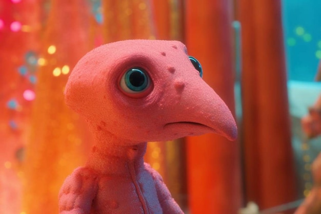 Um pássaro rosa com um olho grande está sentado em frente a uma cortina vermelha.