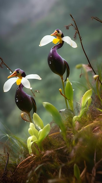 Um pássaro roxo com uma flor branca nele