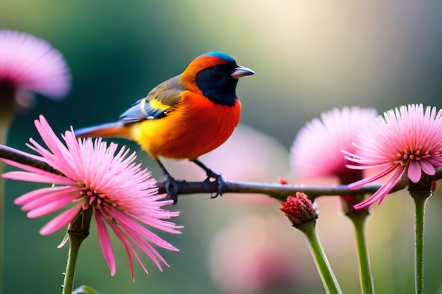Um pássaro senta-se em um galho com flores cor de rosa.