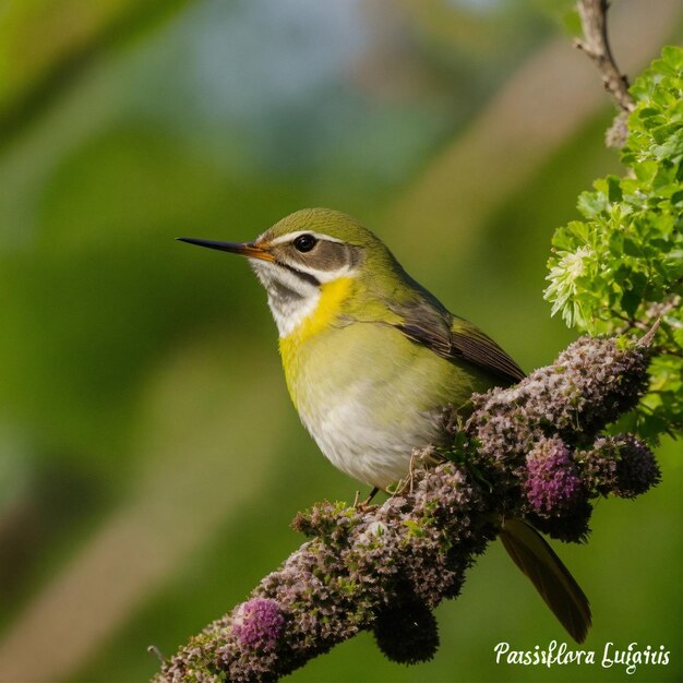 Foto um pássaro senta-se em um galho com flores roxas