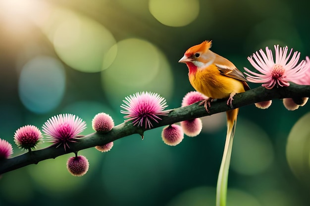 Um pássaro senta-se em um galho com flores roxas.