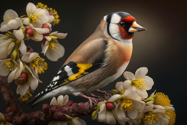 Um pássaro senta-se em um galho com flores.