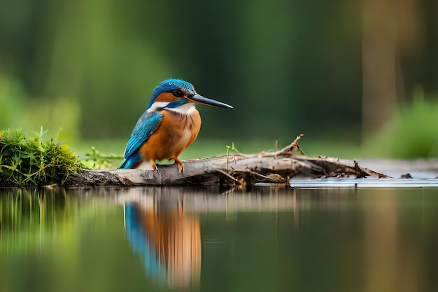 Um pássaro senta-se em um galho em uma lagoa