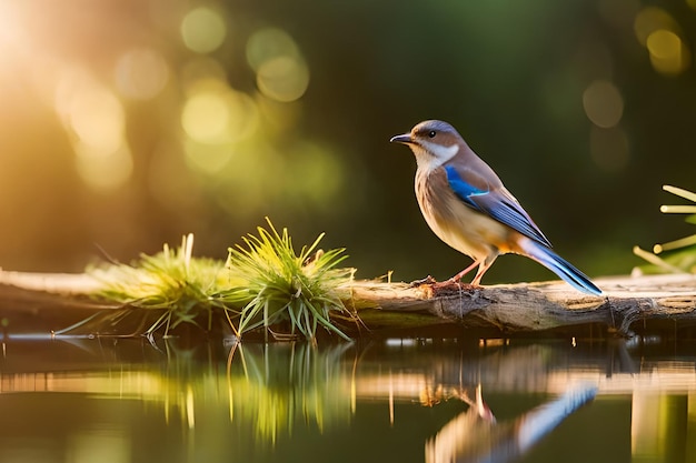 Um pássaro senta-se em um galho na água