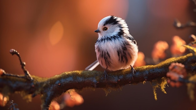 Um pássaro senta-se em um galho na frente de um fundo desfocado