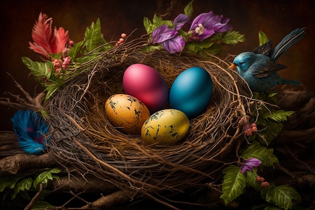 Um pássaro senta-se em um ninho com ovos coloridos