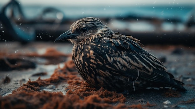 Um pássaro senta-se no chão em frente a um fundo desfocado