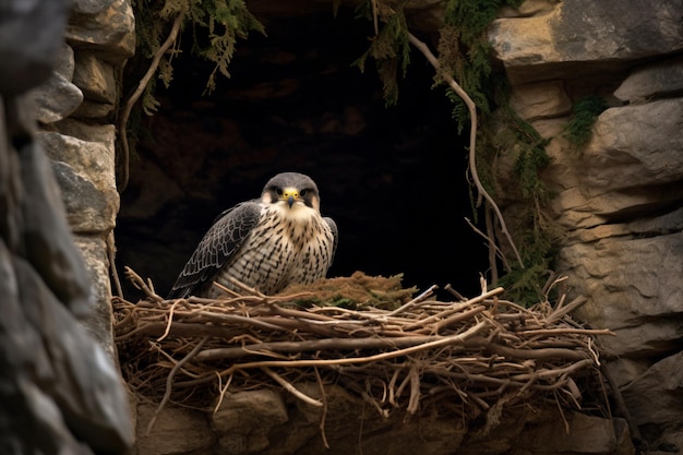 Foto um pássaro sentado em cima de um ninho em uma parede de pedra