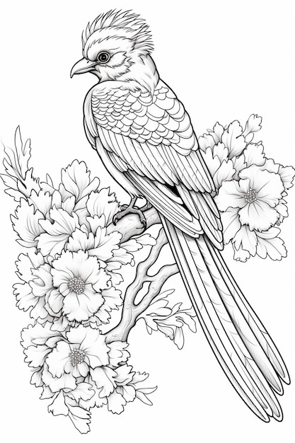um pássaro sentado em um galho com flores ao fundo IA generativa