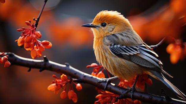 um pássaro sentado em um galho de uma árvore vermelho amarelo laranja generativo Ai