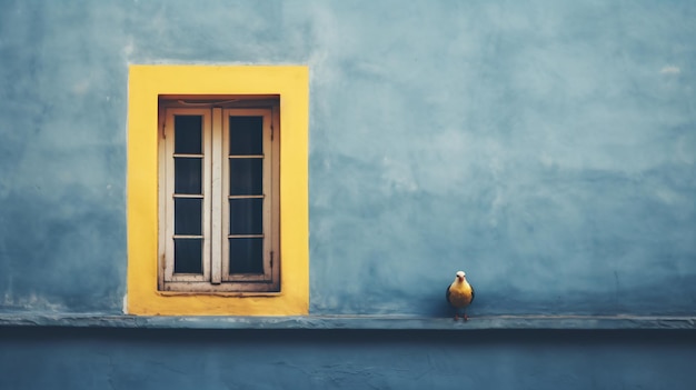 um pássaro sentado em uma borda ao lado de uma janela