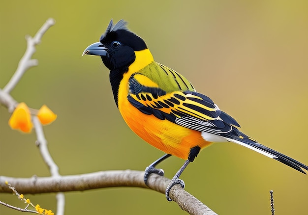 Um pássaro tropical com cabeça preta e corpo laranja amarelo senta-se em um galho