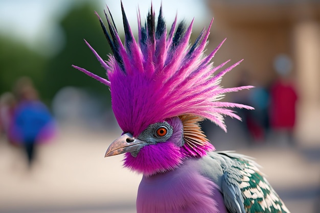 Um pássaro tropical com uma grande crista roxa na cabeça Generative AI