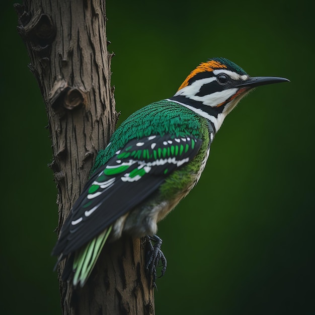 Um pássaro verde e branco com laranja na cabeça está empoleirado em uma árvore.