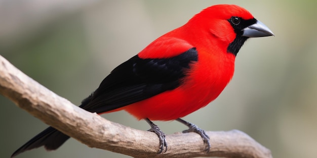 Um pássaro vermelho com asas negras senta-se em um galho.