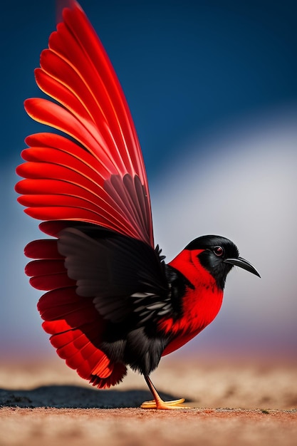 Um pássaro vermelho e azul com rosto preto e branco e asas vermelhas.