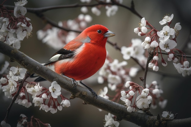Um pássaro vermelho senta-se em um galho com flores brancas.