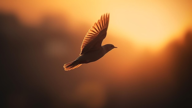 Um pássaro voando ao pôr do sol com o sol brilhando em suas asas.