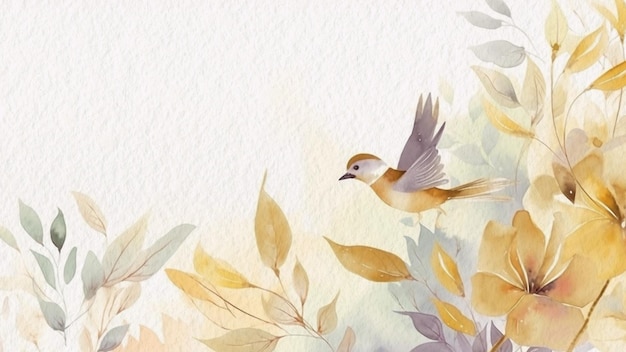 Um pássaro voando no ar com folhas no fundo.