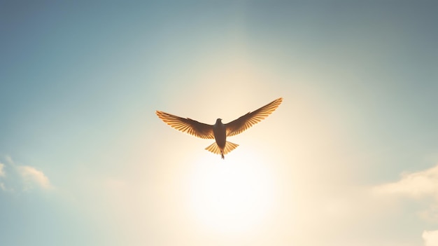 um pássaro voando no céu com o sol atrás dele