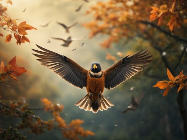 Foto um pássaro voando pelo ar com as asas abertas na frente de um bando de pássaros