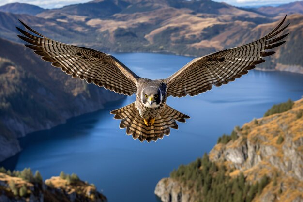 Foto um pássaro voando sobre uma montanha ao lado de um lago