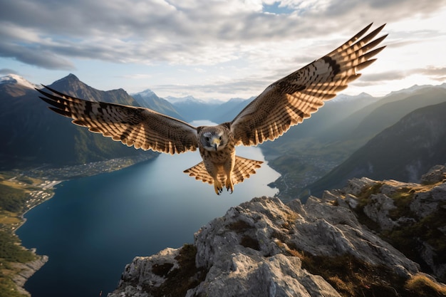 Foto um pássaro voando sobre uma montanha ao lado de um lago