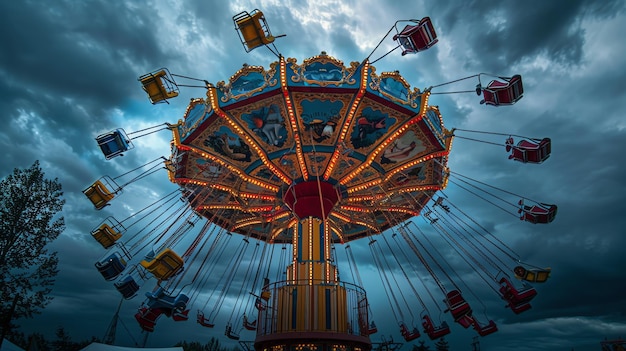 Um passeio de balanço de carnaval está em pleno movimento contra um céu tempestuoso