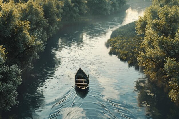 Foto um passeio de barco sereno ao longo de um rio sinuoso