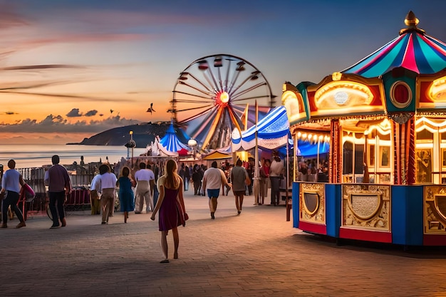 Um passeio de carnaval na praia ao pôr do sol