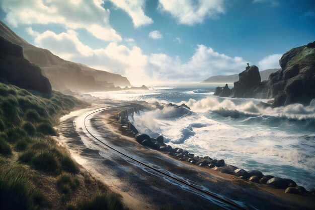 Um passeio panorâmico ao longo de uma rodovia costeira com ondas quebrando