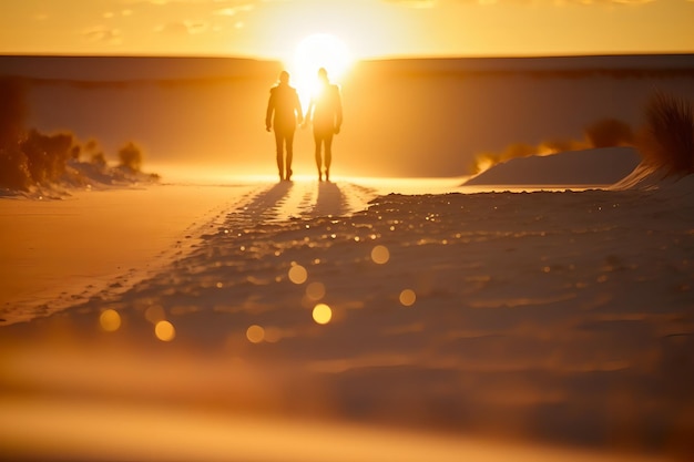 Foto um passeio romântico ao pôr do sol em uma bela praia de areia branca, generative ai