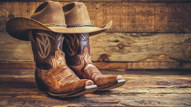 Um passo na história com um chapéu de cowboy retro e botas de couro velhas colocadas num chão de madeira.