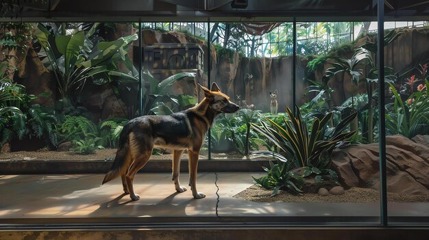Foto um pastor alemão está em frente a uma janela de vidro olhando para um habitat de selva exuberante com plantas verdes e um rio