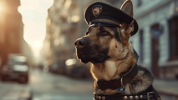Um pastor alemão vestindo um chapéu de polícia está de pé em uma rua da cidade o cão está olhando para o lado e sua boca está fechada