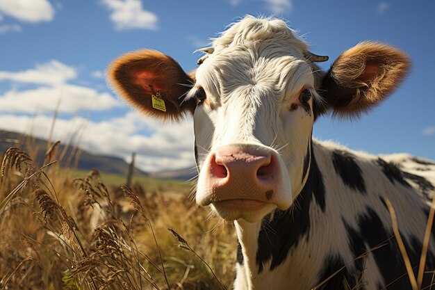 Um pastor de vacas cria vacas felizmente na fazenda produtos de pastagens amplas de vacas para venda carne leite queijo manteiga