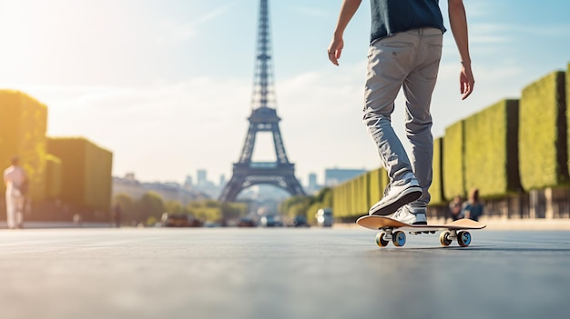 Um patinador cruza perto da Torre Eiffel em Paris, França, encarnando a vibrante cena esportiva de rua da cidade com arquitetura icônica no fundo