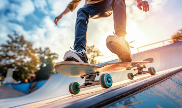 Um patinador em ação saltando no meio ou fazendo um truque capturando o salto perfeito de skate