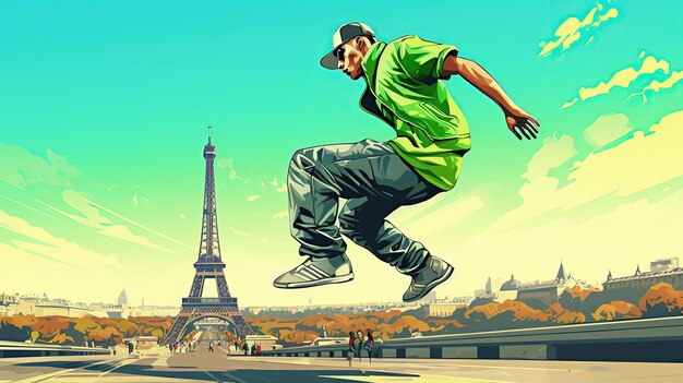 Um patinador realiza um truque dinâmico com a icônica Torre Eiffel ao fundo mostrando a vibrante cena de patinagem em Paris, França