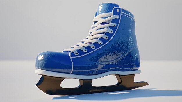 Um patins de gelo artístico com fundo branco O patins é azul e tem cordões brancos A lâmina do patins é prateada