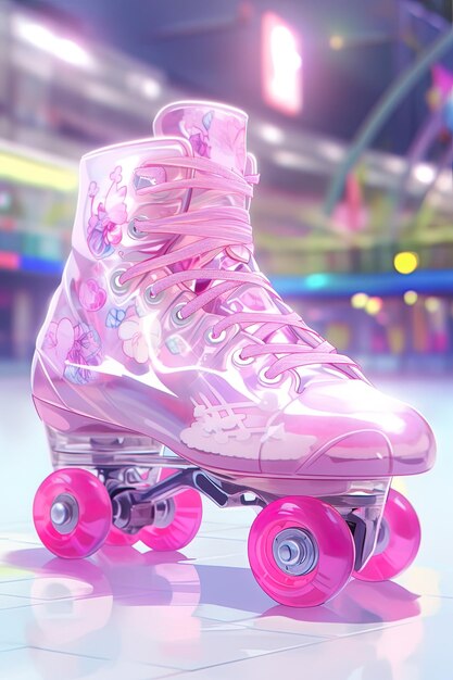 Foto um patins rosa com rodas rosas e um patins rosado