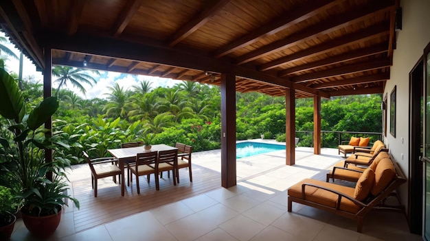 Um pátio com piscina e mesa e cadeiras e vista para as árvores