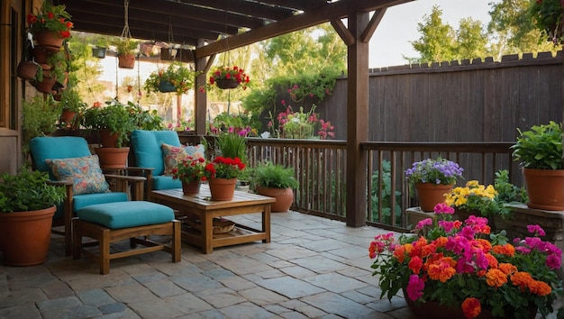 Um pátio de quintal sereno com plantas em vasos e cestas penduradas cheias de flores coloridas