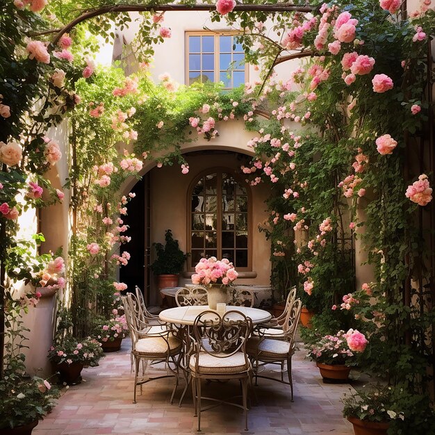 Um pátio decorado com rosas