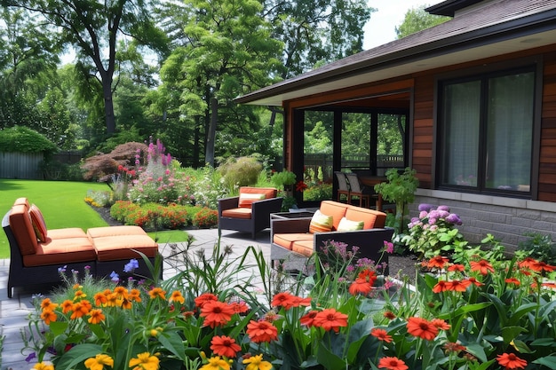 Um pátio moderno em um dia de verão ensolarado completo com assentos confortáveis e uma área de jantar