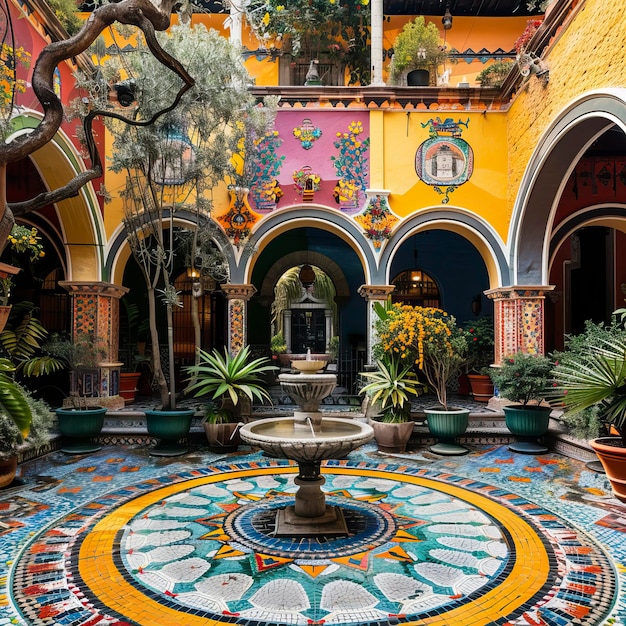 Um pátio na Cidade do México com azulejos coloridos e fontes cercadas por arcos e plantas