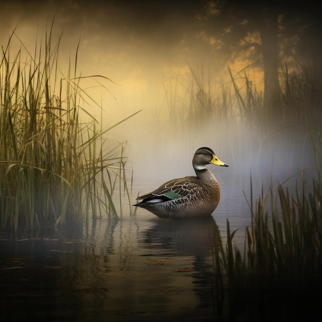 Um pato a nadar num lago.